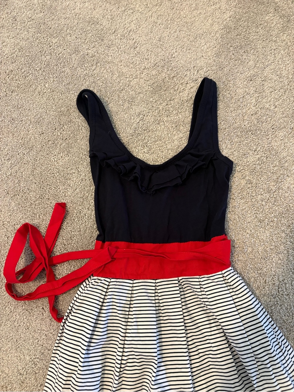 Navy Ruffle Tank with Striped Skirt and Red Waist Sash